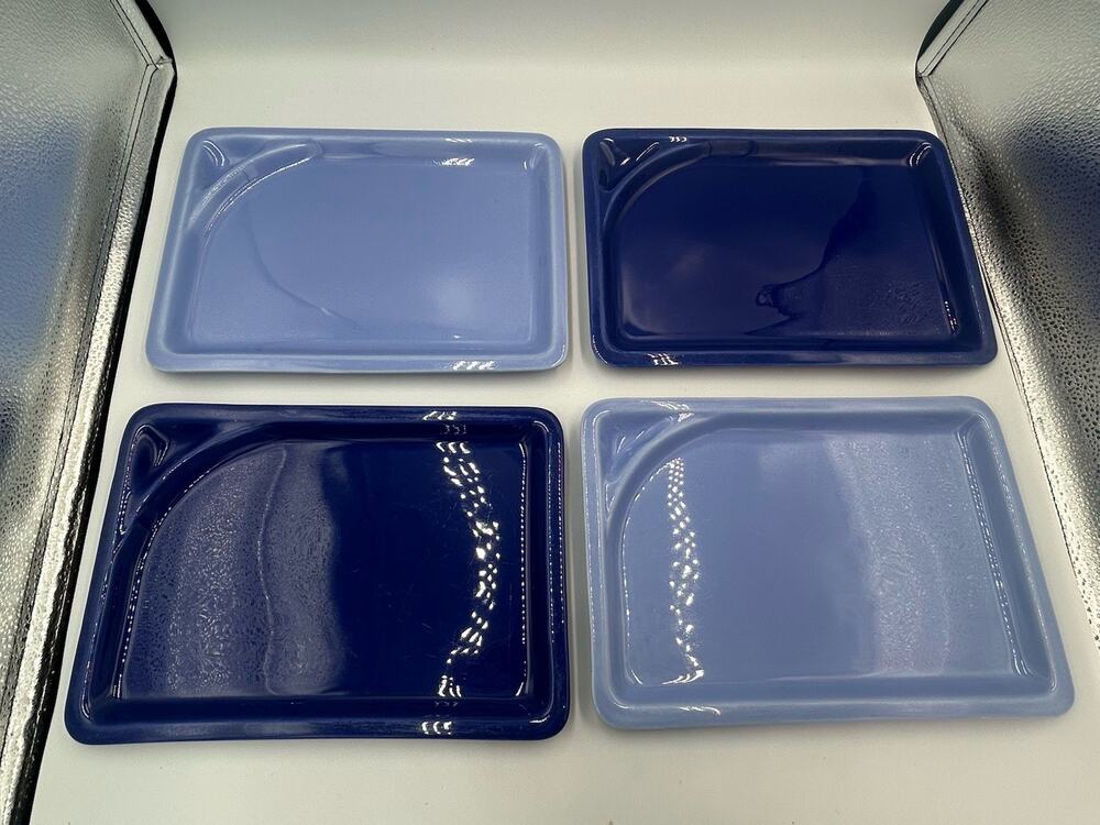 Vintage Cala Stoneware 4 Pc Tray Set Blue Periwinkle Serving MCM Modern Colorful